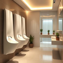 A modern restroom interior featuring long, narrow women's urinals elegantly designed to stick out from the wall