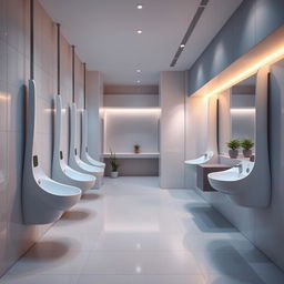 A modern restroom interior featuring long, narrow women's urinals elegantly designed to stick out from the wall