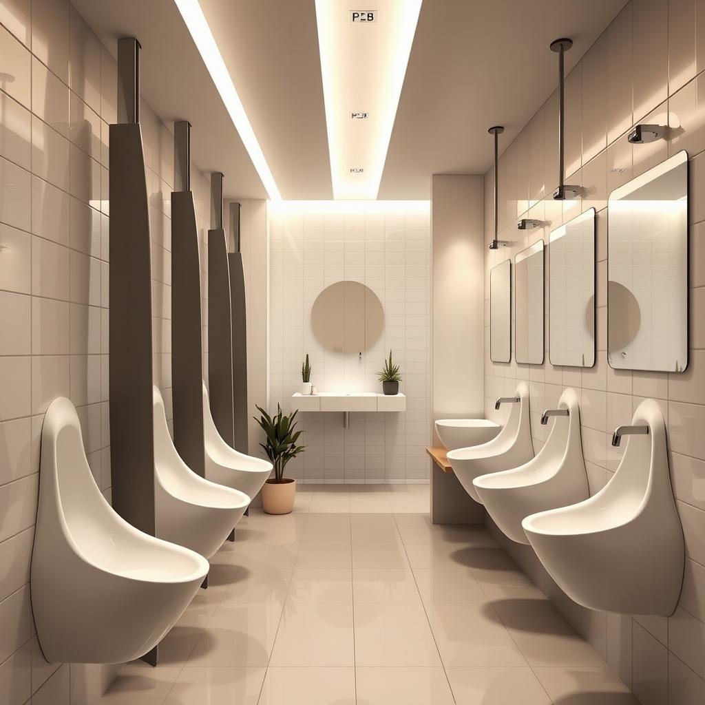 A modern restroom interior featuring long, narrow women's urinals elegantly designed to stick out from the wall