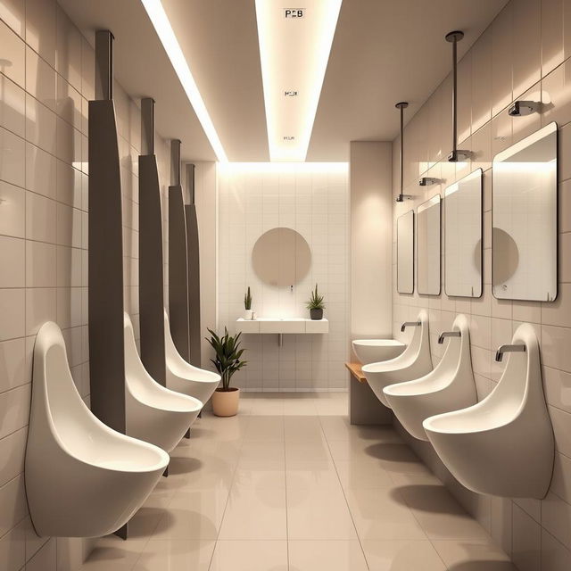 A modern restroom interior featuring long, narrow women's urinals elegantly designed to stick out from the wall