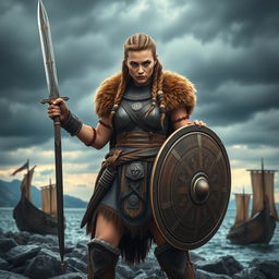 A fierce Viking warrior woman, standing boldly on a rocky shore, dressed in traditional Viking armor with intricate details