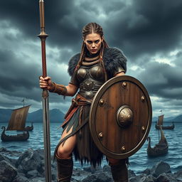 A fierce Viking warrior woman, standing boldly on a rocky shore, dressed in traditional Viking armor with intricate details