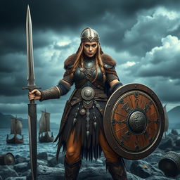 A fierce Viking warrior woman, standing boldly on a rocky shore, dressed in traditional Viking armor with intricate details