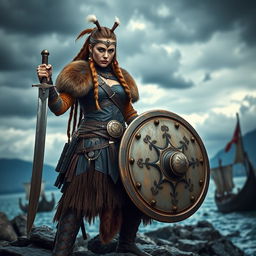 A fierce Viking warrior woman, standing boldly on a rocky shore, dressed in traditional Viking armor with intricate details