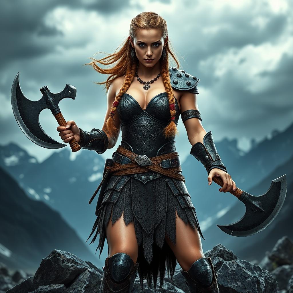 A stunning hot sexy Viking warrior woman standing fiercely with a battle axe in hand, adorned in intricate armor that accentuates her muscular physique