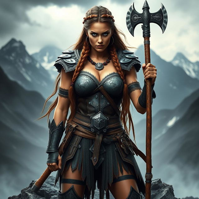 A stunning hot sexy Viking warrior woman standing fiercely with a battle axe in hand, adorned in intricate armor that accentuates her muscular physique