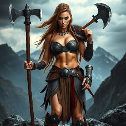 A stunning hot sexy Viking warrior woman standing fiercely with a battle axe in hand, adorned in intricate armor that accentuates her muscular physique