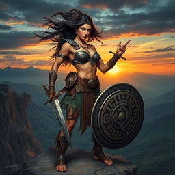 An athletic warrior woman standing confidently on a rocky cliff, her muscular physique displayed in a dynamic pose