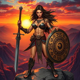 An athletic warrior woman standing confidently on a rocky cliff, her muscular physique displayed in a dynamic pose
