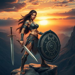 An athletic warrior woman standing confidently on a rocky cliff, her muscular physique displayed in a dynamic pose