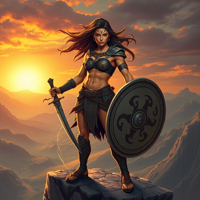 An athletic warrior woman standing confidently on a rocky cliff, her muscular physique displayed in a dynamic pose