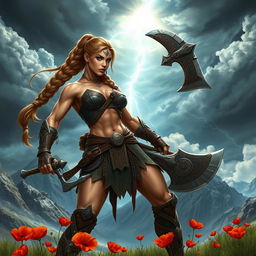 A dynamic and powerful athletic warrior woman in an epic fantasy setting