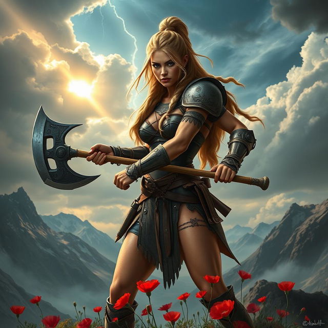 A dynamic and powerful athletic warrior woman in an epic fantasy setting