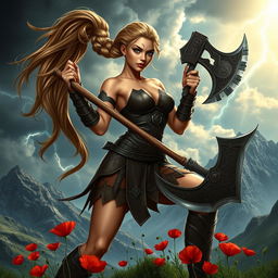 A dynamic and powerful athletic warrior woman in an epic fantasy setting