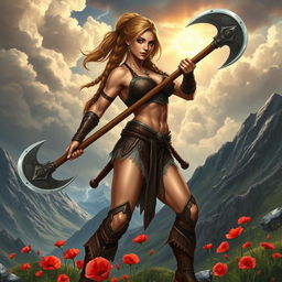 A dynamic and powerful athletic warrior woman in an epic fantasy setting