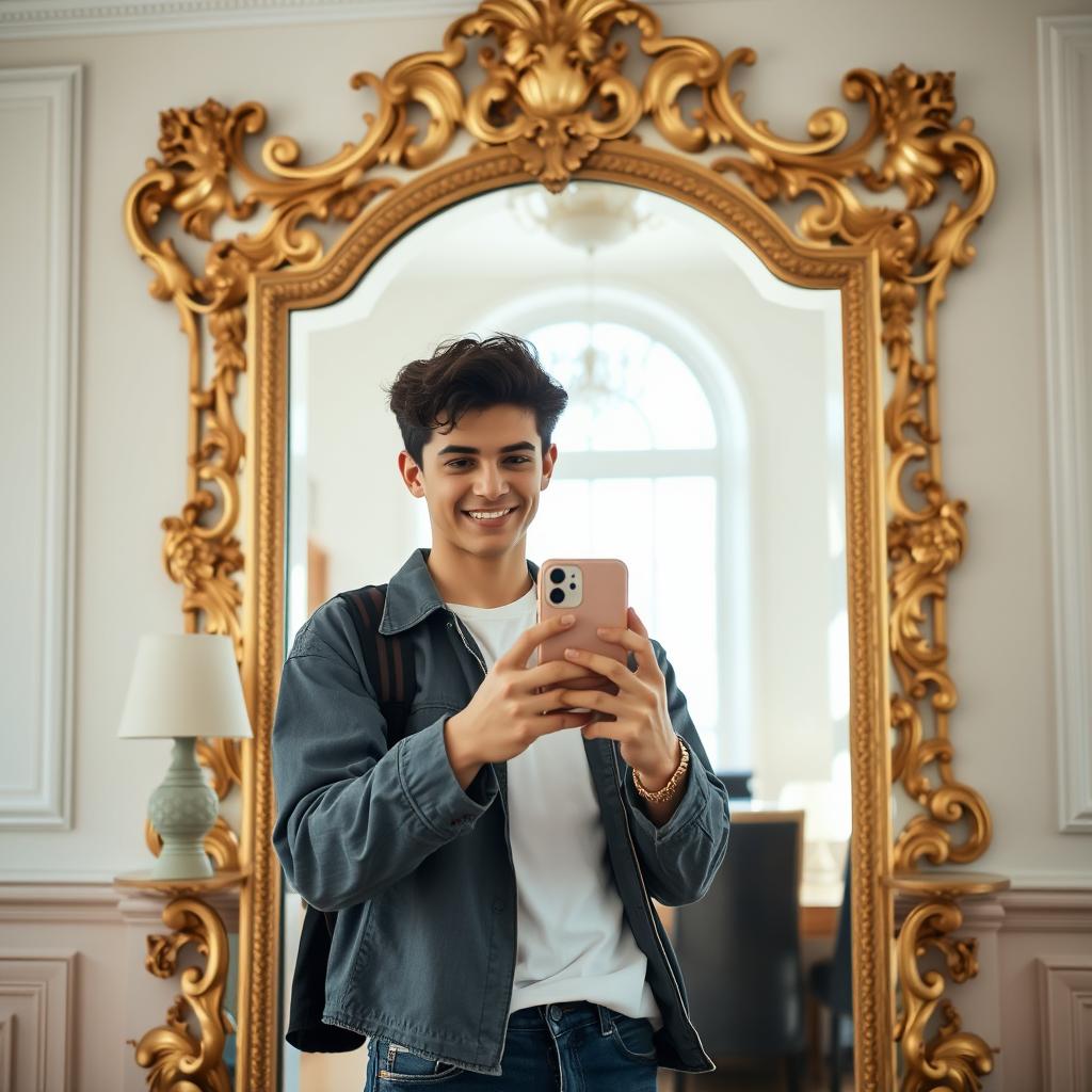 A stylish young adult holding an iPhone 15 in front of a large, beautifully ornate mirror