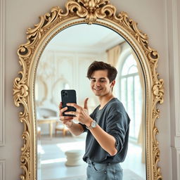 A stylish young adult holding an iPhone 15 in front of a large, beautifully ornate mirror