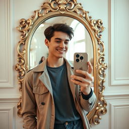 A stylish young adult holding an iPhone 15 in front of a large, beautifully ornate mirror