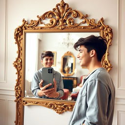 A stylish young adult holding an iPhone 15 in front of a large, beautifully ornate mirror