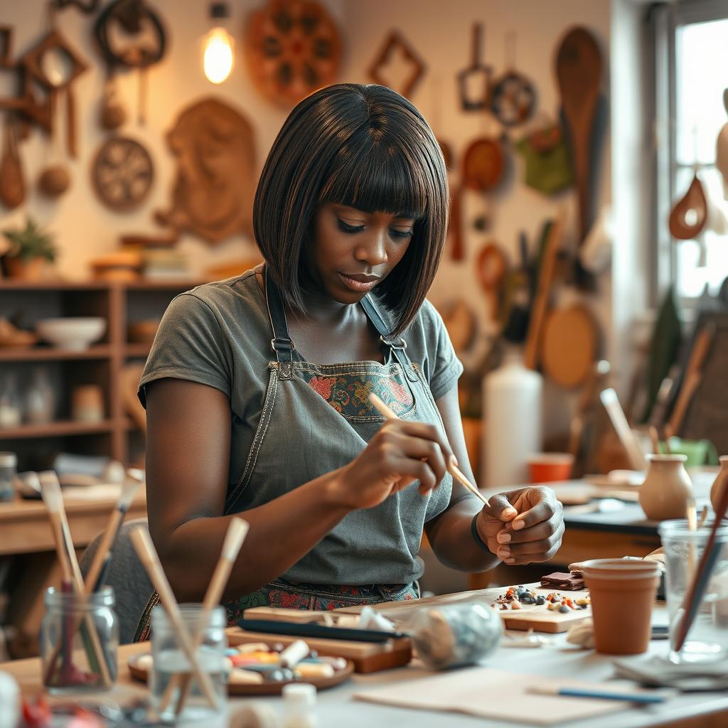A black woman artisan with short straight hair, skillfully crafting a beautiful piece of art in her workshop