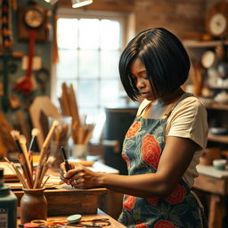 A black woman artisan with short straight hair, skillfully crafting a beautiful piece of art in her workshop