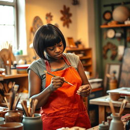 A black woman artisan with short straight hair, skillfully crafting a beautiful piece of art in her workshop