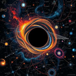 A captivating poster where every element of the image is crafted from various physics and black hole formulas, creating a cohesive representation of astrophysical concepts