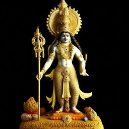 A magnificent depiction of Jay Goga, a revered deity in Hinduism, clad in golden armor, with a serene and mighty aura, holding a trident in his hand.