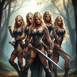A group of sexy blonde female warriors, each adorned with intricate tattoos, standing fiercely in a dramatic battle-ready pose