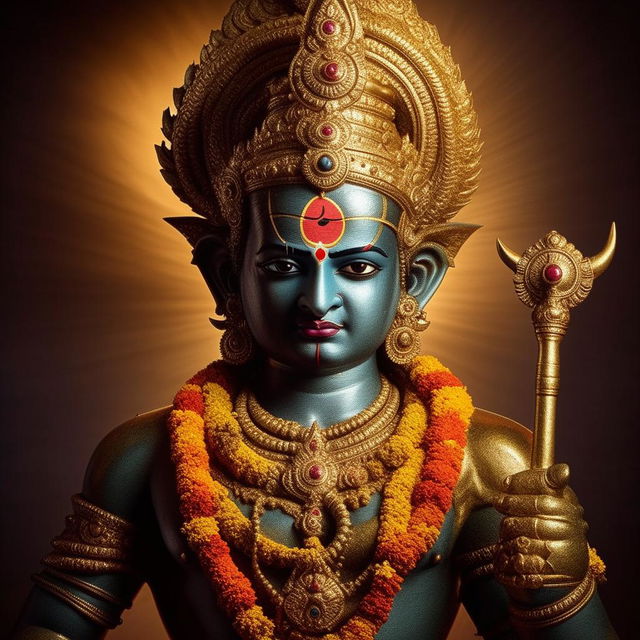 A magnificent depiction of Jay Goga, a revered deity in Hinduism, clad in golden armor, with a serene and mighty aura, holding a trident in his hand.