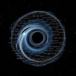 A detailed and artistic representation of a black hole, where the entire form is constructed from various physics and mathematics formulas related to black holes