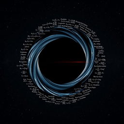 A detailed and artistic representation of a black hole, where the entire form is constructed from various physics and mathematics formulas related to black holes