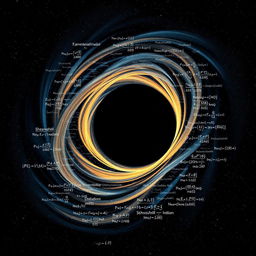 A detailed and artistic representation of a black hole, where the entire form is constructed from various physics and mathematics formulas related to black holes