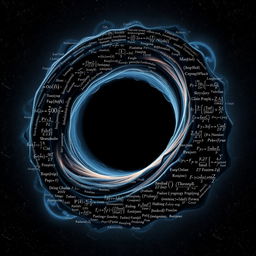 A detailed and artistic representation of a black hole, where the entire form is constructed from various physics and mathematics formulas related to black holes