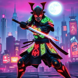 A futuristic samurai in glowing neon armor poised in a mid-battle stance, dynamically slashing with a katana