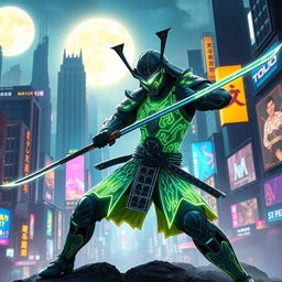 A futuristic samurai in glowing neon armor poised in a mid-battle stance, dynamically slashing with a katana