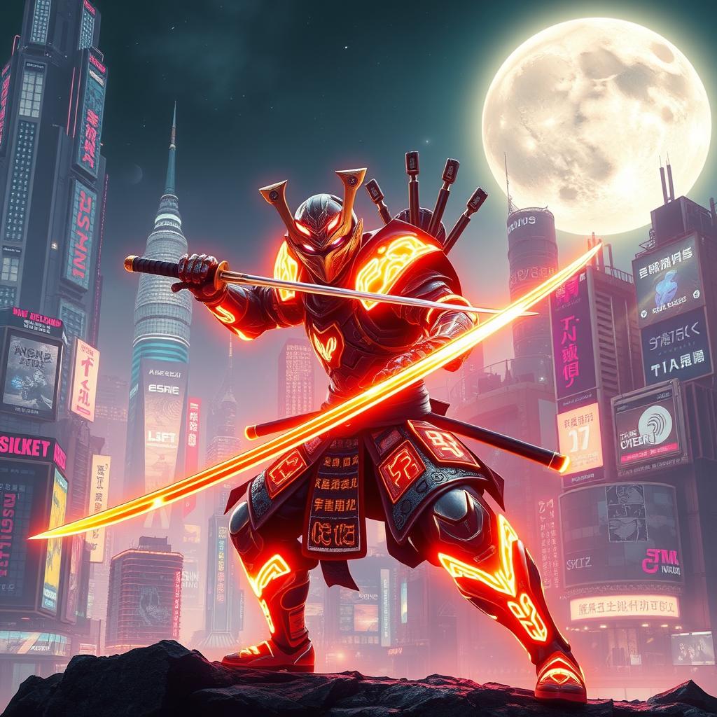 A futuristic samurai in glowing neon armor poised in a mid-battle stance, dynamically slashing with a katana