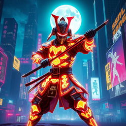 A futuristic samurai in glowing neon armor poised in a mid-battle stance, dynamically slashing with a katana