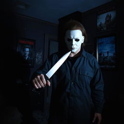 Michael Myers, the iconic horror character, in the act of a chilling murder inside a haunted house
