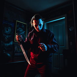 Michael Myers, the iconic horror character, in the act of a chilling murder inside a haunted house