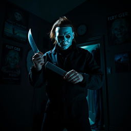 Michael Myers, the iconic horror character, in the act of a chilling murder inside a haunted house