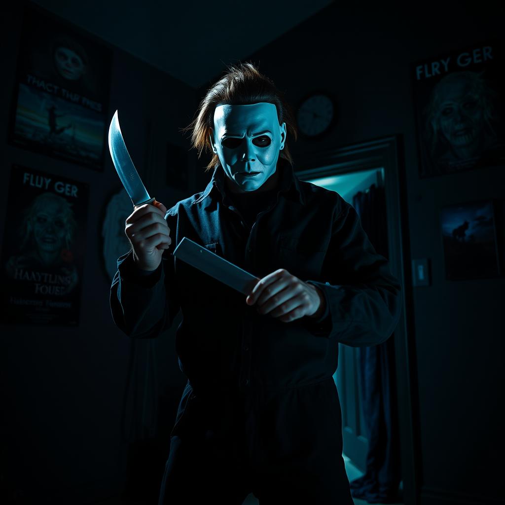 Michael Myers, the iconic horror character, in the act of a chilling murder inside a haunted house