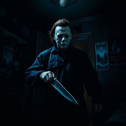 Michael Myers, the iconic horror character, in the act of a chilling murder inside a haunted house