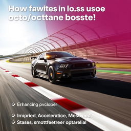 The positive influences of using octane booster in vehicles, showing a high-performance car on a racetrack, emphasizing enhanced engine performance, improved acceleration, and smoother operation