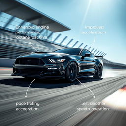 The positive influences of using octane booster in vehicles, showing a high-performance car on a racetrack, emphasizing enhanced engine performance, improved acceleration, and smoother operation