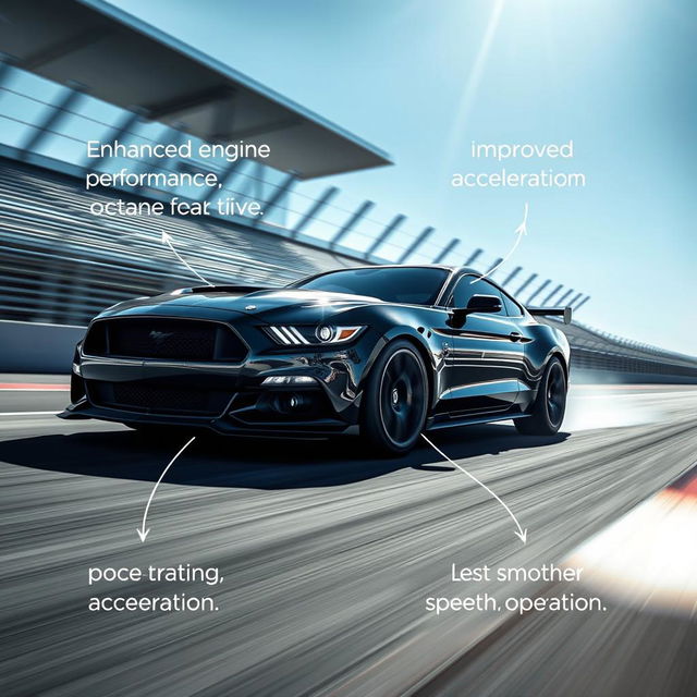 The positive influences of using octane booster in vehicles, showing a high-performance car on a racetrack, emphasizing enhanced engine performance, improved acceleration, and smoother operation