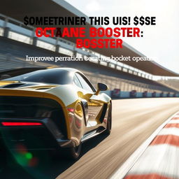 The positive influences of using octane booster in vehicles, showing a high-performance car on a racetrack, emphasizing enhanced engine performance, improved acceleration, and smoother operation