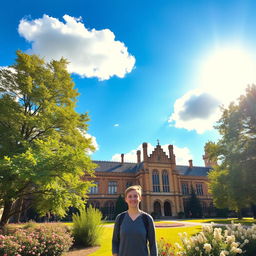 A picturesque scene featuring a beautiful historic college building in London, surrounded by lush green trees and blooming flowers