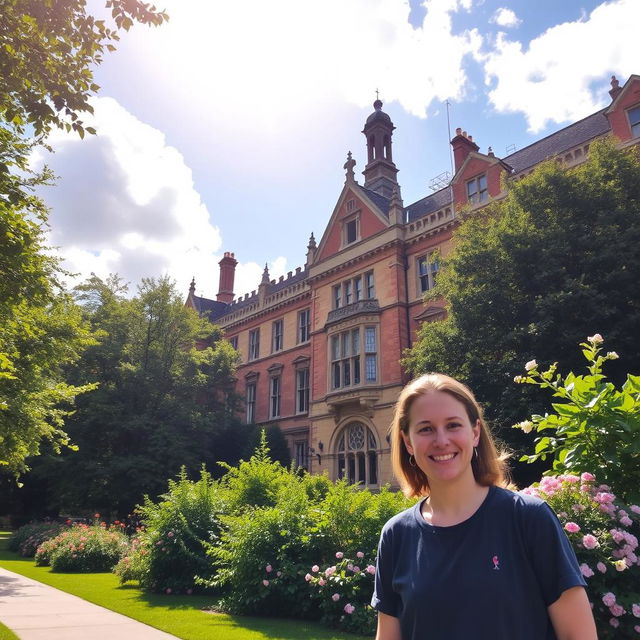 A picturesque scene featuring a beautiful historic college building in London, surrounded by lush green trees and blooming flowers