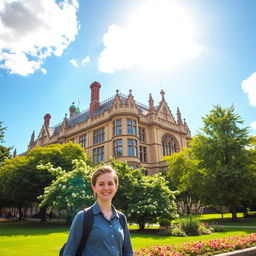 A picturesque scene featuring a beautiful historic college building in London, surrounded by lush green trees and blooming flowers